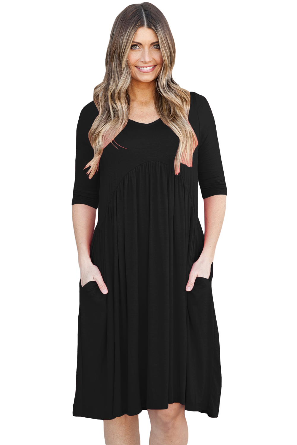 BY61653-2 Black 3 Sleeve Draped Swing Dress